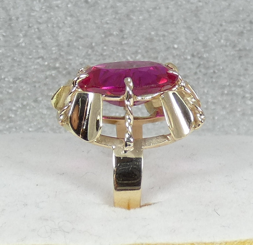 Vintage Solid 9ct Yellow Gold Pink Oval Cut Ruby Cocktail Dress Ring Size 7 N 54