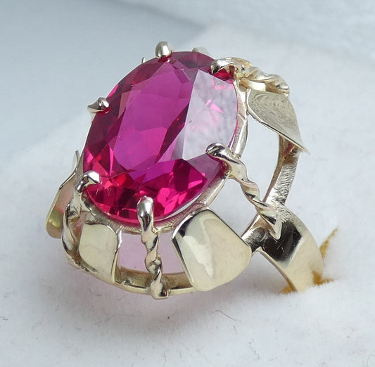 Vintage Solid 9ct Yellow Gold Pink Oval Cut Ruby Cocktail Dress Ring Size 7 N 54