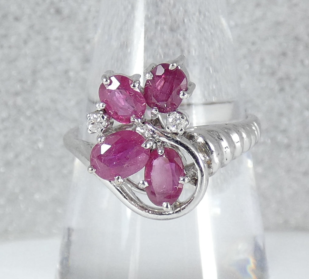 Solid 9ct White Gold Ruby & Diamond Cluster Cocktail Dress Ring Size 7.5 O 55