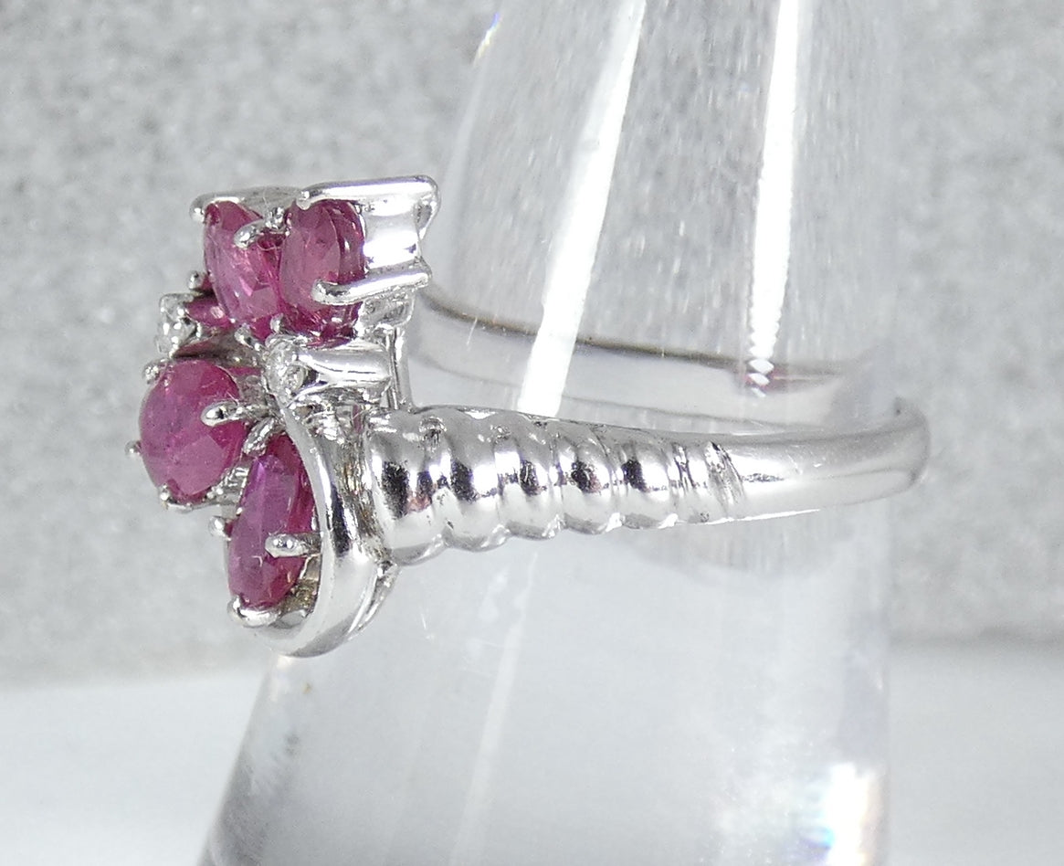 Solid 9ct White Gold Ruby & Diamond Cluster Cocktail Dress Ring Size 7.5 O 55