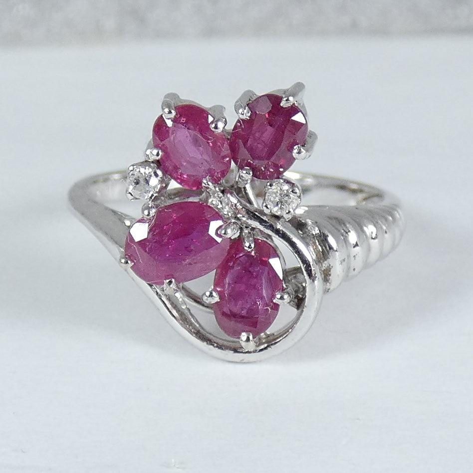 Solid 9ct White Gold Ruby & Diamond Cluster Cocktail Dress Ring Size 7.5 O 55