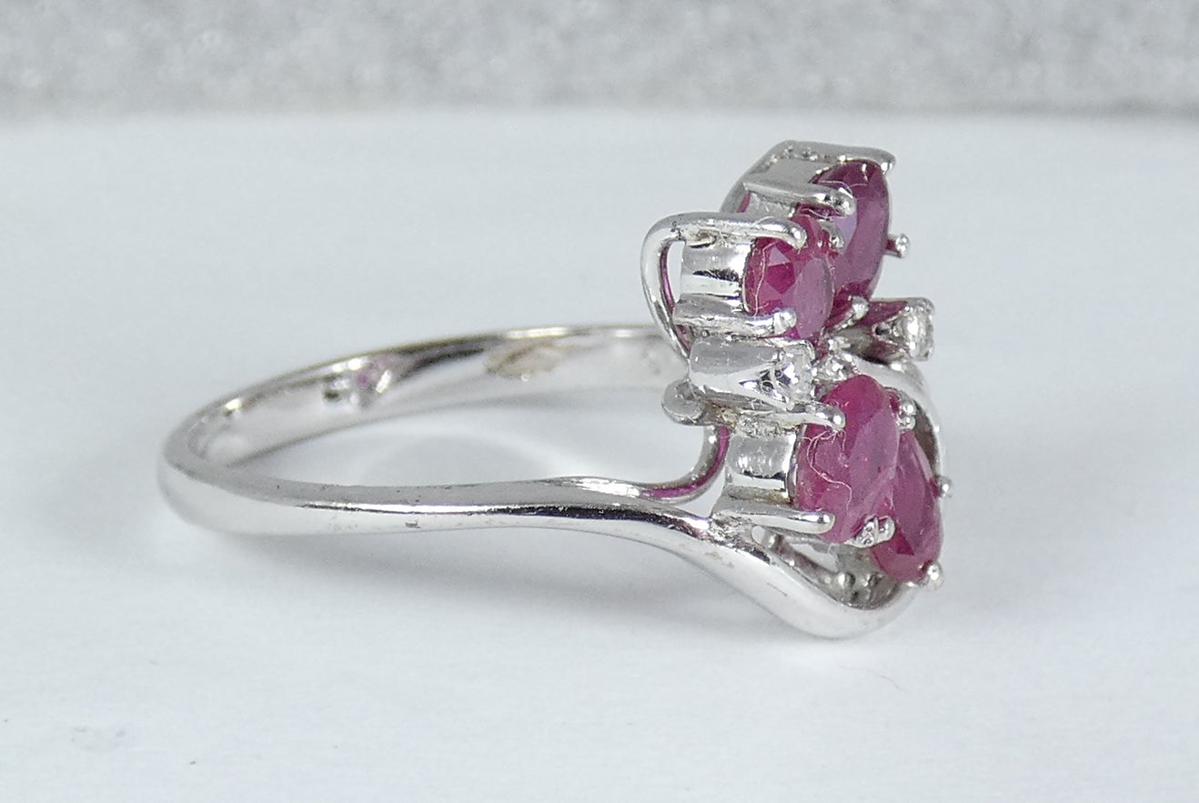 Solid 9ct White Gold Ruby & Diamond Cluster Cocktail Dress Ring Size 7.5 O 55