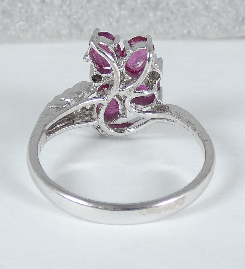 Solid 9ct White Gold Ruby & Diamond Cluster Cocktail Dress Ring Size 7.5 O 55