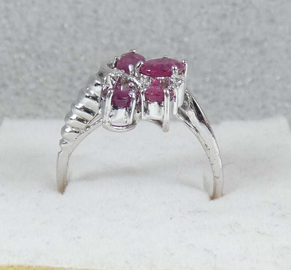 Solid 9ct White Gold Ruby & Diamond Cluster Cocktail Dress Ring Size 7.5 O 55