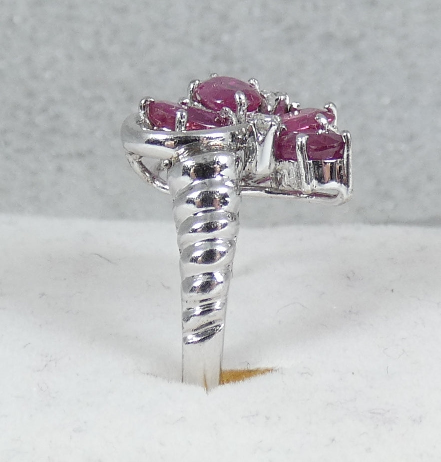 Solid 9ct White Gold Ruby & Diamond Cluster Cocktail Dress Ring Size 7.5 O 55