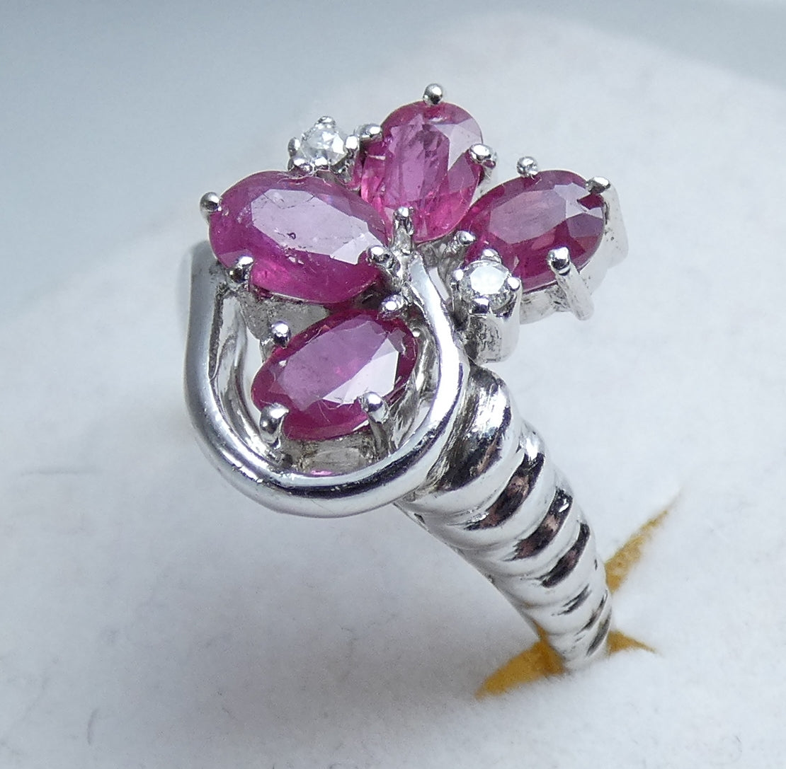Solid 9ct White Gold Ruby & Diamond Cluster Cocktail Dress Ring Size 7.5 O 55