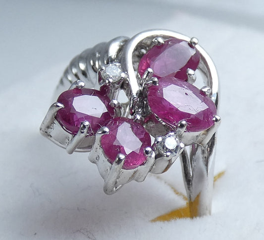 Solid 9ct White Gold Ruby & Diamond Cluster Cocktail Dress Ring Size 7.5 O 55