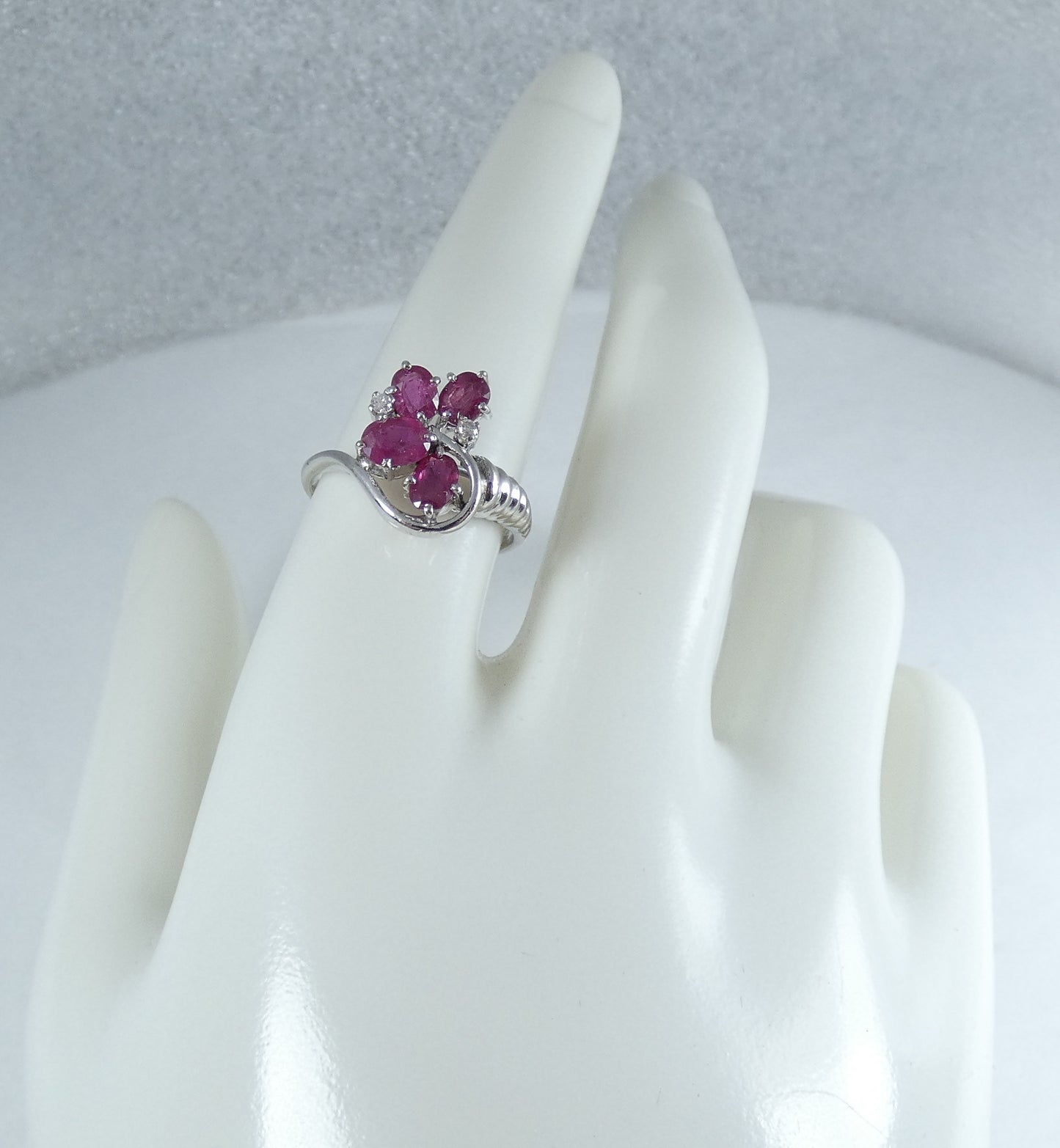 Solid 9ct White Gold Ruby & Diamond Cluster Cocktail Dress Ring Size 7.5 O 55