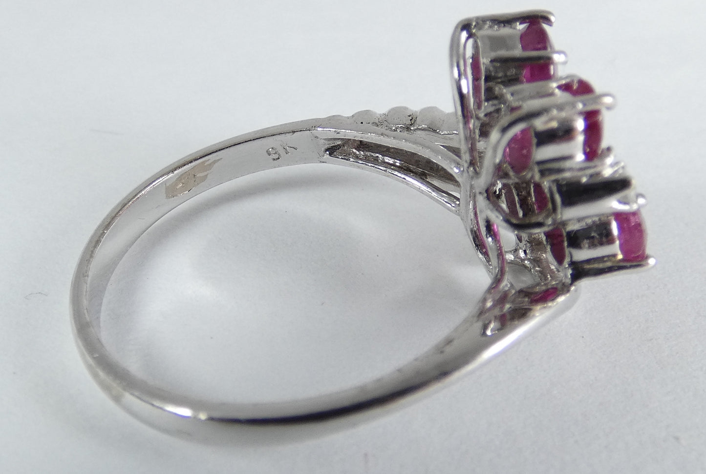 Solid 9ct White Gold Ruby & Diamond Cluster Cocktail Dress Ring Size 7.5 O 55