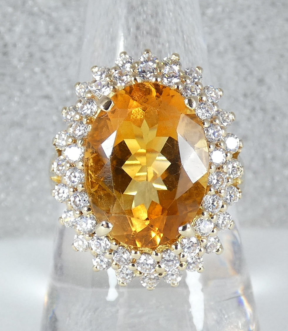 Solid 9ct Yellow Gold Citrine & CZ Cluster Cocktail Dress Ring Size 10 T 61 375