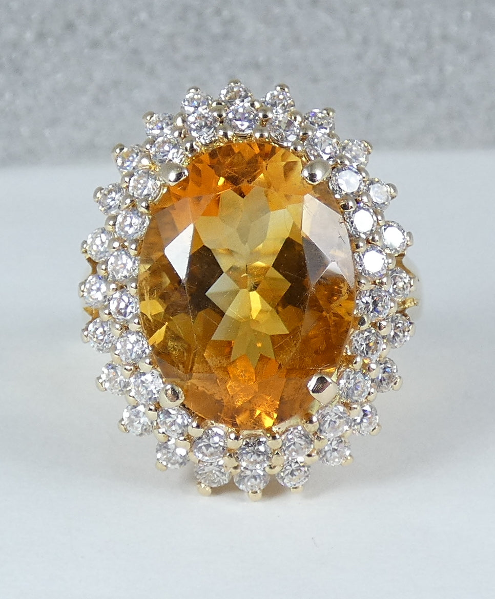 Solid 9ct Yellow Gold Citrine & CZ Cluster Cocktail Dress Ring Size 10 T 61 375