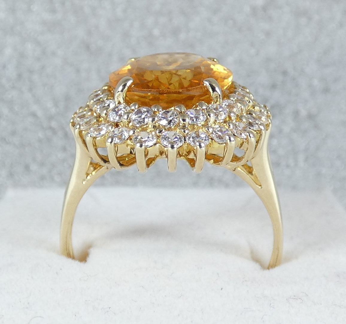Solid 9ct Yellow Gold Citrine & CZ Cluster Cocktail Dress Ring Size 10 T 61 375