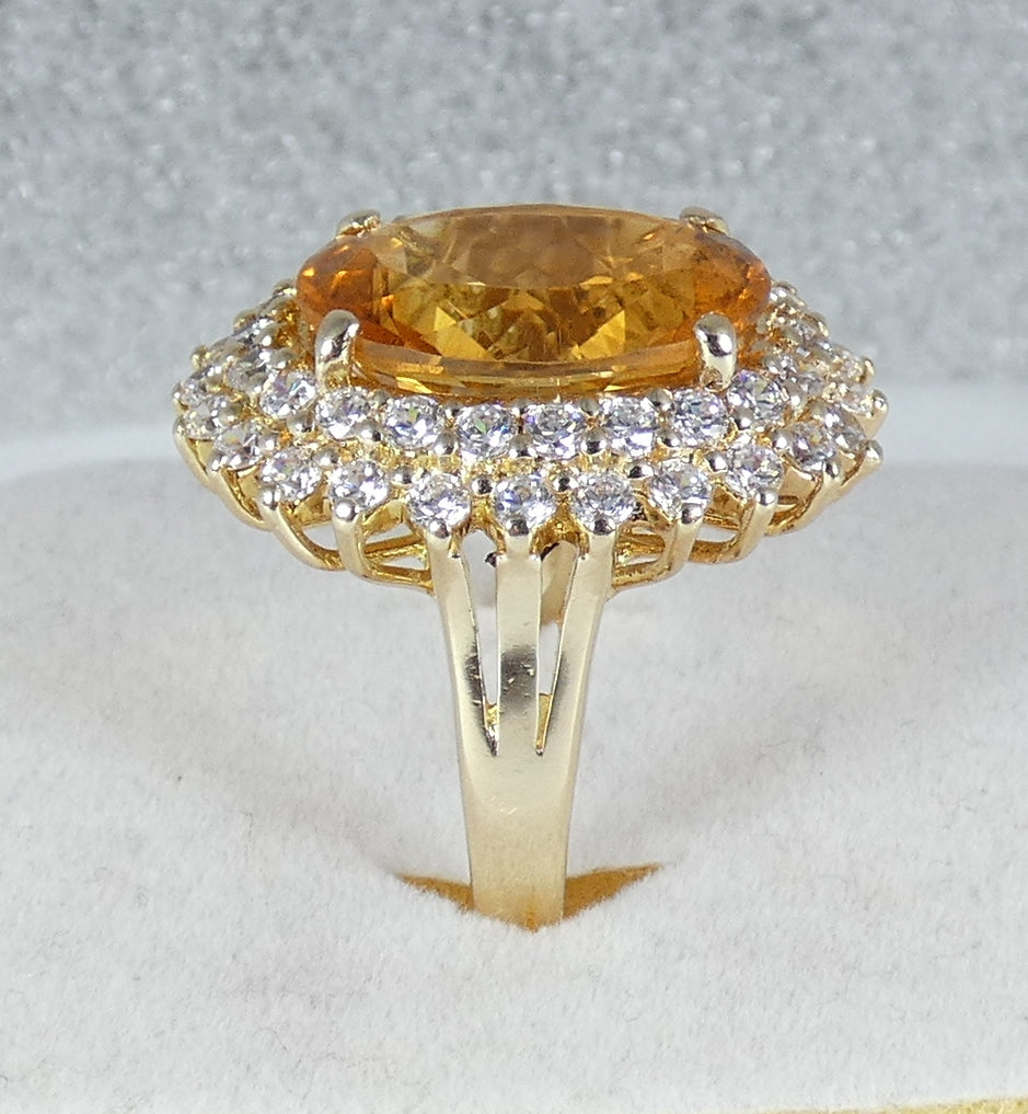 Solid 9ct Yellow Gold Citrine & CZ Cluster Cocktail Dress Ring Size 10 T 61 375