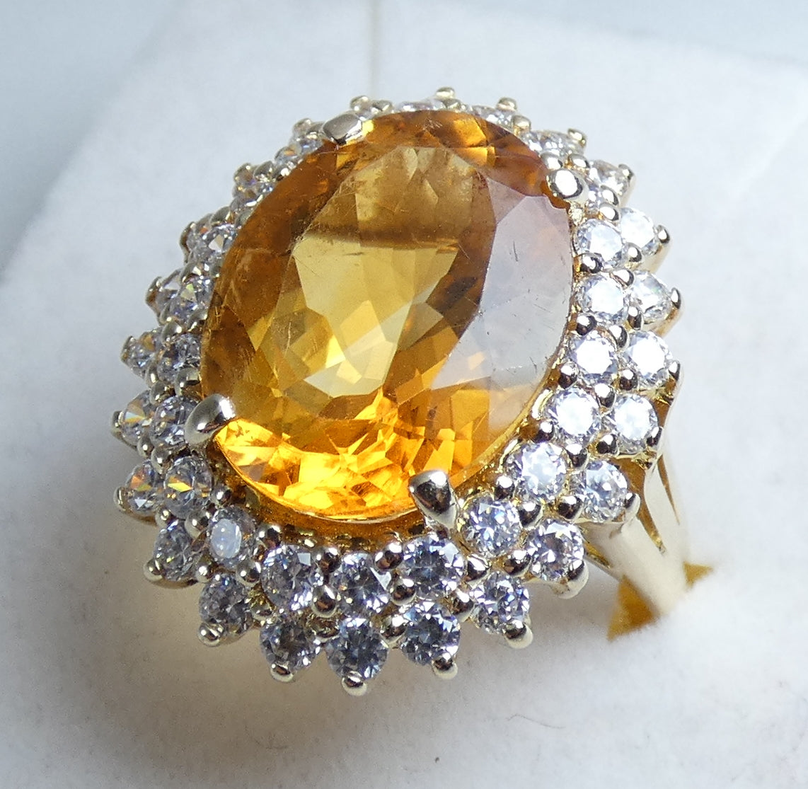 Solid 9ct Yellow Gold Citrine & CZ Cluster Cocktail Dress Ring Size 10 T 61 375
