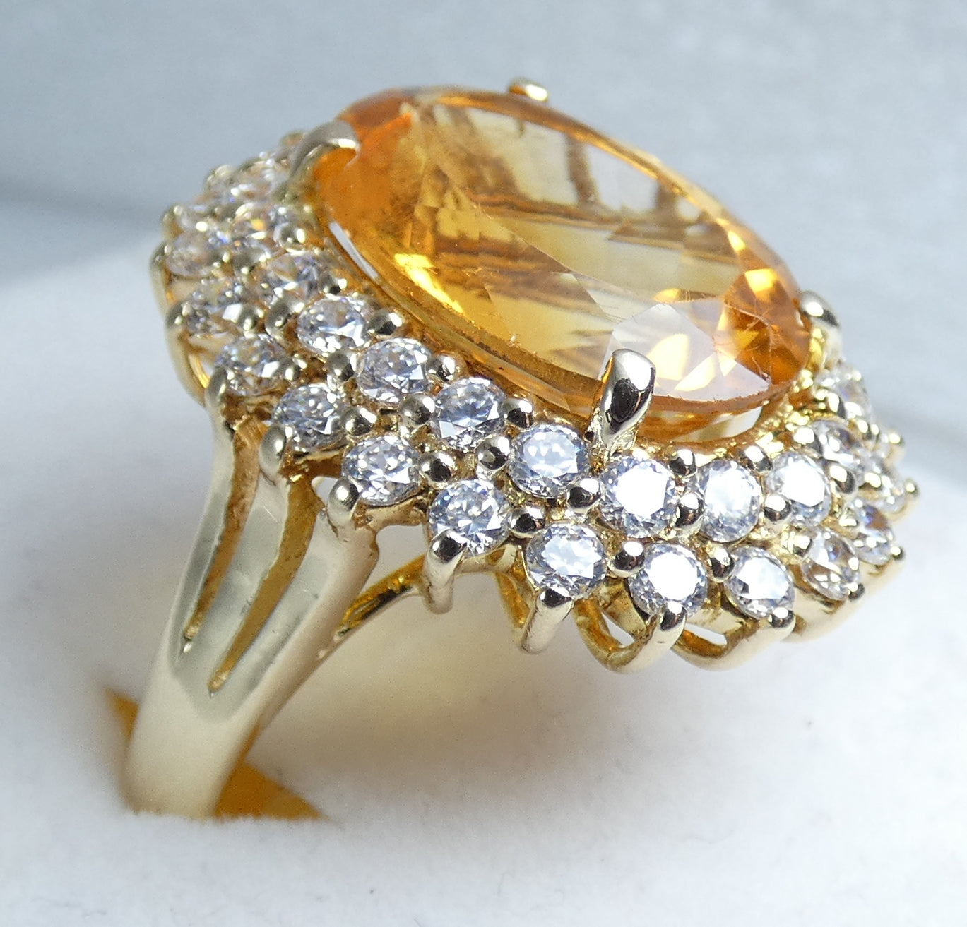 Solid 9ct Yellow Gold Citrine & CZ Cluster Cocktail Dress Ring Size 10 T 61 375