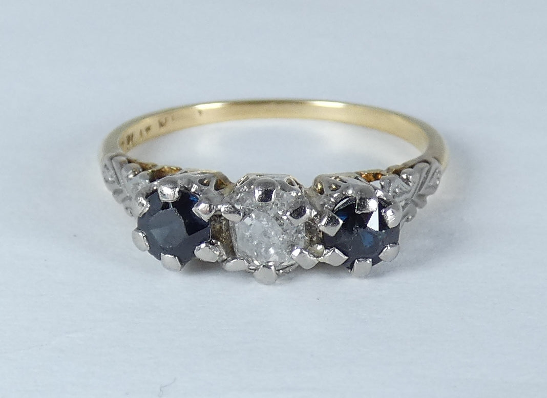 Antique Vintage 18ct Yellow Gold Sapphire & Diamond Dress Wedding Ring 7.5 O 55