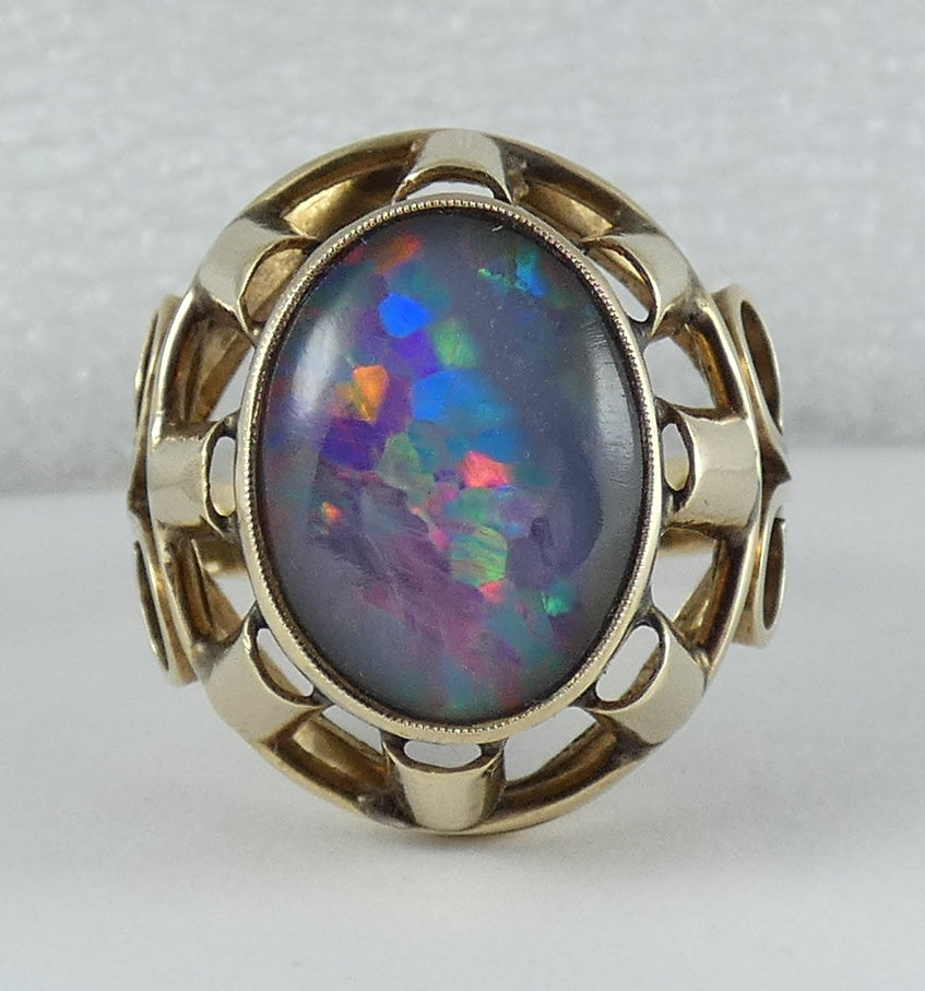 Vintage Large Solid 9ct Yellow Gold Opal Cocktail Dress Ring Size 7.5 O 55 6gm
