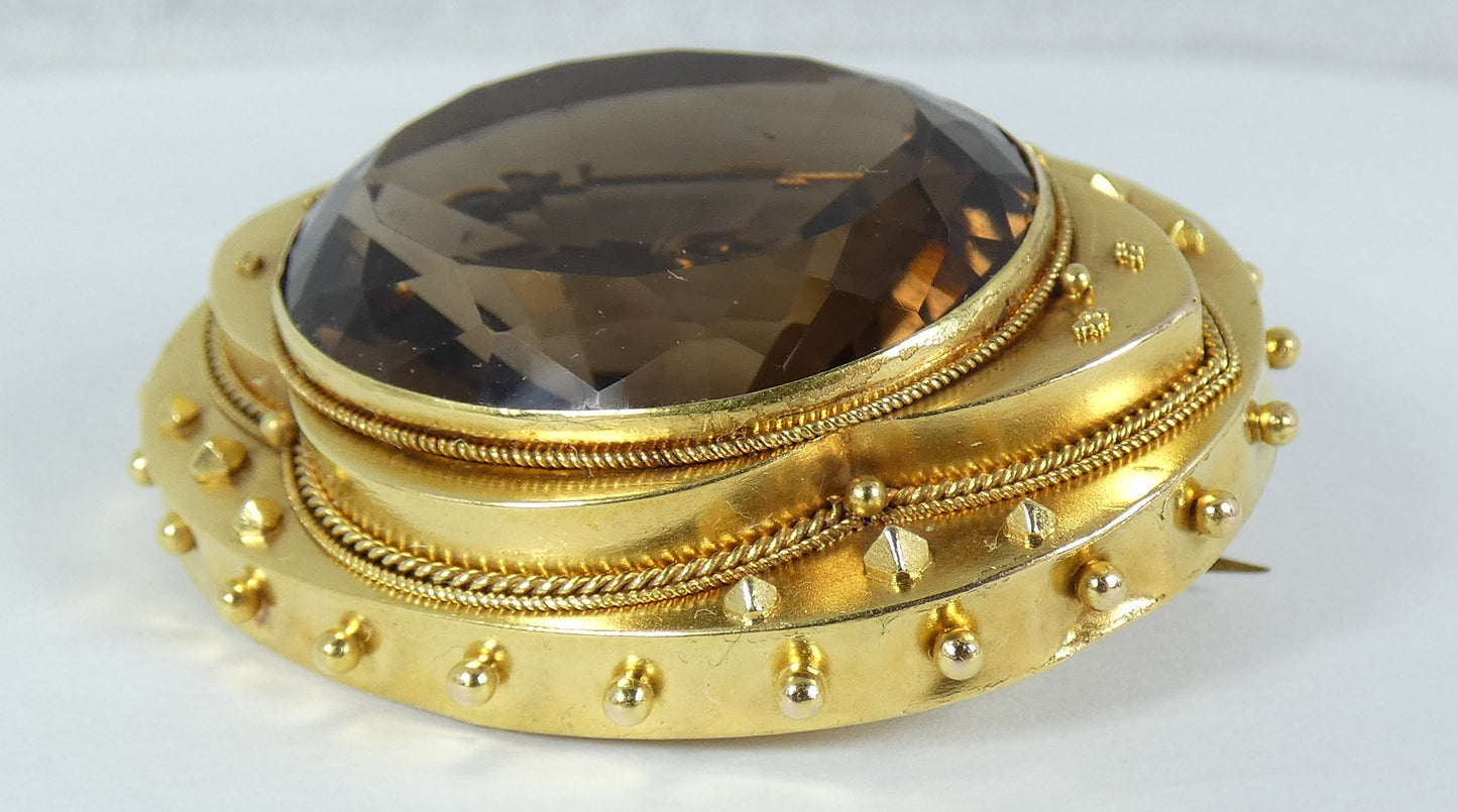 Large Antique 1890 Victorian Solid 18ct Gold & 54ct Smoky Quartz Brooch Pin 23gm
