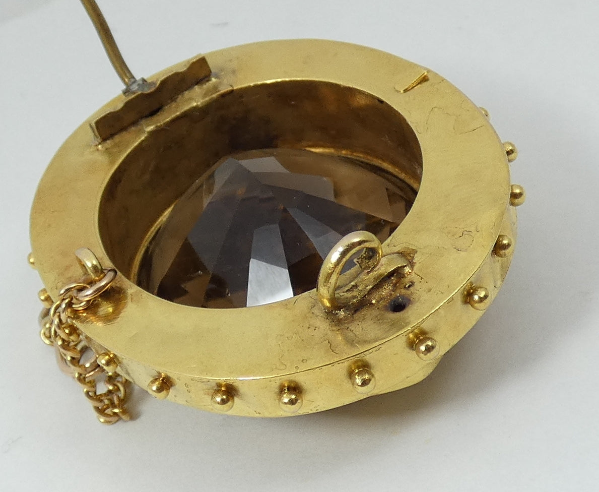 Large Antique 1890 Victorian Solid 18ct Gold & 54ct Smoky Quartz Brooch Pin 23gm