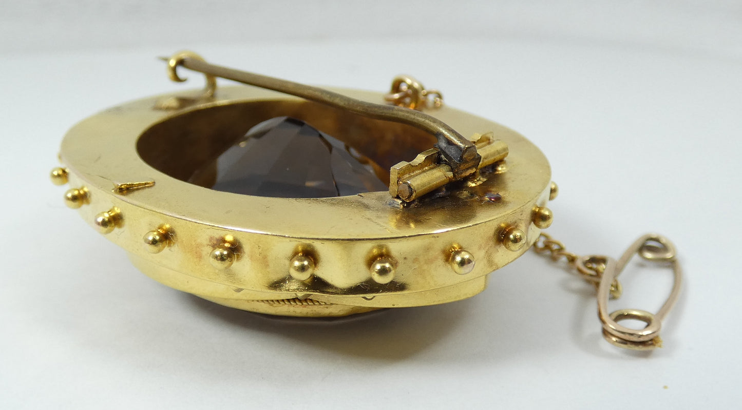 Large Antique 1890 Victorian Solid 18ct Gold & 54ct Smoky Quartz Brooch Pin 23gm