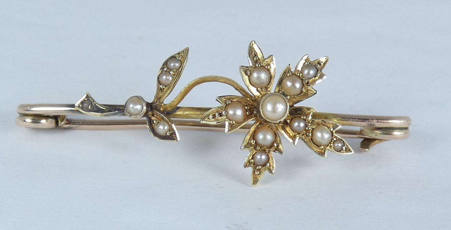 Antique Edwardian 1910 Solid 15ct Yellow Gold & Seed Pearl Flower Bar Brooch Pin