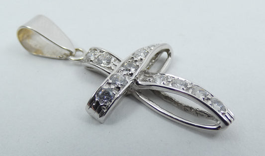 Solid 18ct White Gold & Cubic Zirconia CZ 25mm Cross Crucifix Necklace Pendant