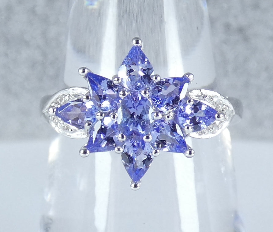 Solid 10ct White Gold Tanzanite Diamond Cluster Dress Flower Ring Size 7.5 O 55