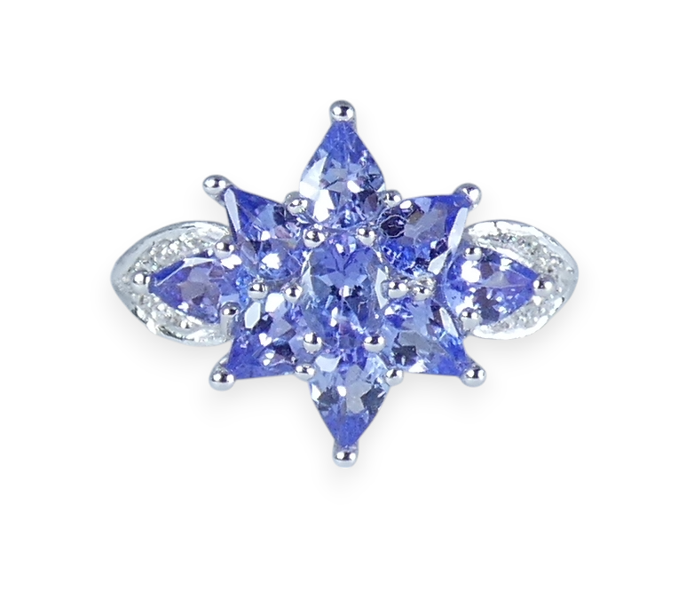 Solid 10ct White Gold Tanzanite Diamond Cluster Dress Flower Ring Size 7.5 O 55