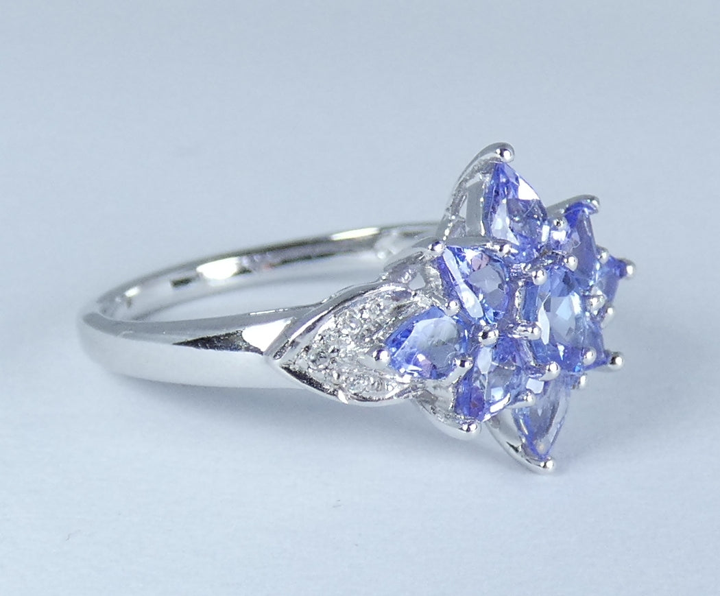 Solid 10ct White Gold Tanzanite Diamond Cluster Dress Flower Ring Size 7.5 O 55