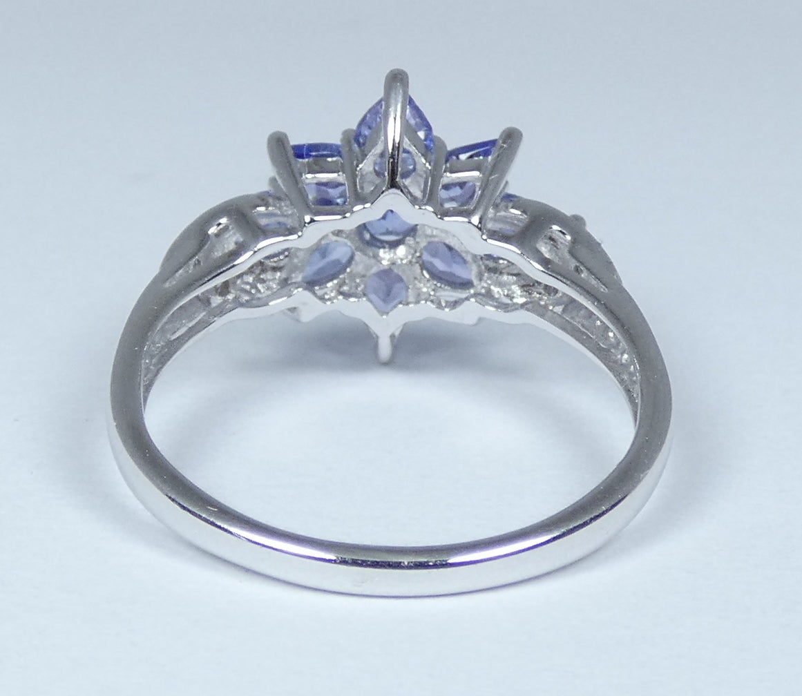 Solid 10ct White Gold Tanzanite Diamond Cluster Dress Flower Ring Size 7.5 O 55