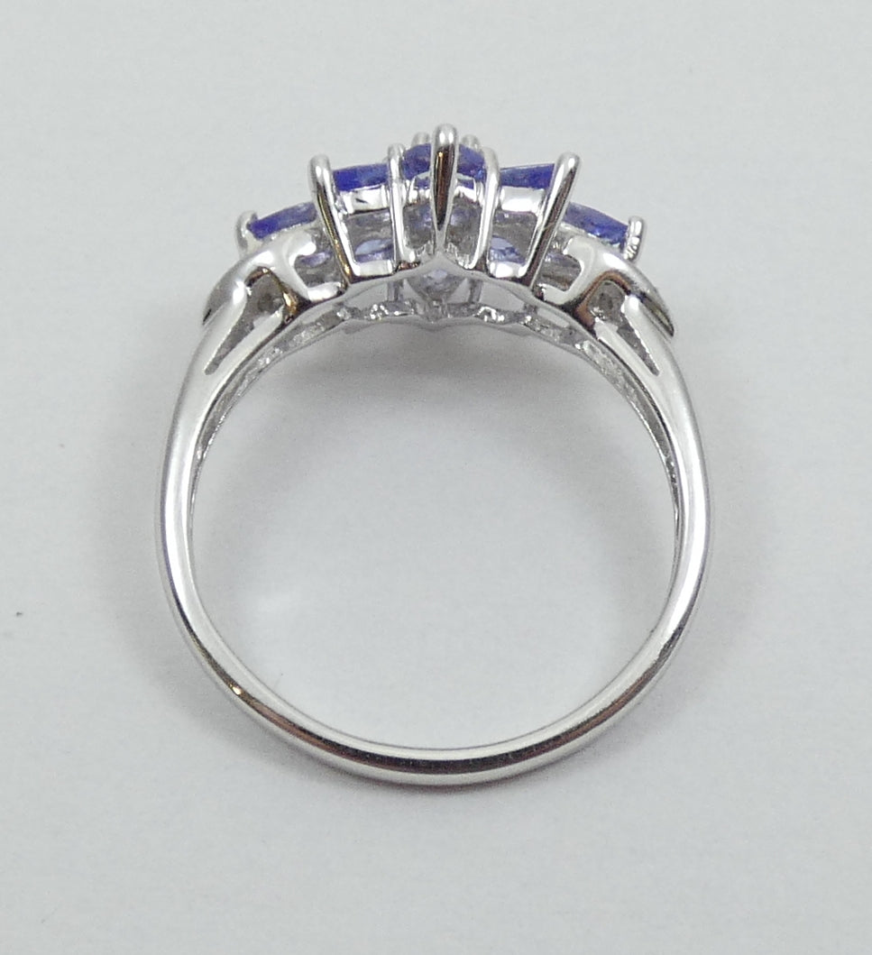 Solid 10ct White Gold Tanzanite Diamond Cluster Dress Flower Ring Size 7.5 O 55