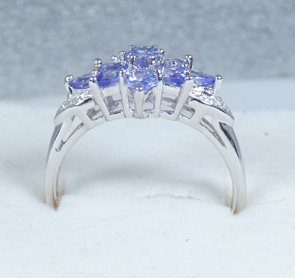 Solid 10ct White Gold Tanzanite Diamond Cluster Dress Flower Ring Size 7.5 O 55