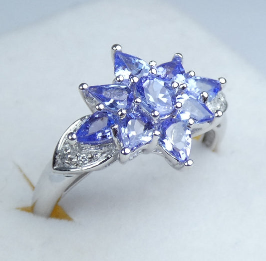 Solid 10ct White Gold Tanzanite Diamond Cluster Dress Flower Ring Size 7.5 O 55