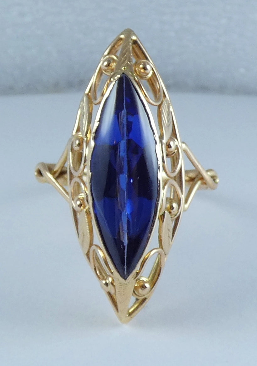 Vintage Large 14ct Yellow Gold Marquise Sapphire Navette Cocktail Ring 11.5 W 65