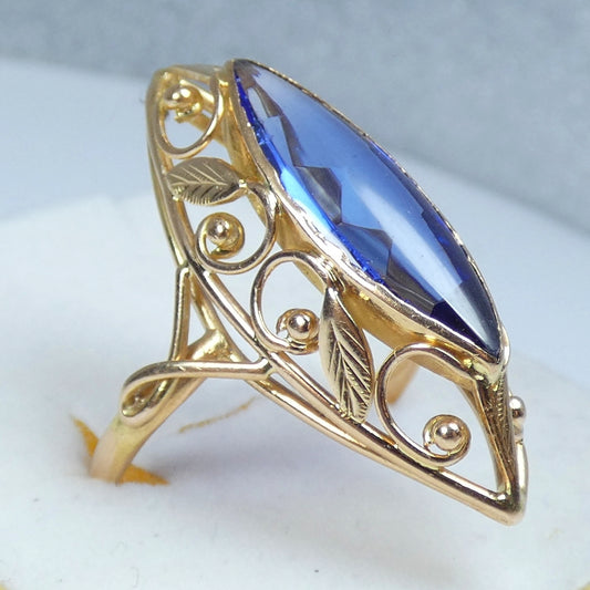 Vintage Large 14ct Yellow Gold Marquise Sapphire Navette Cocktail Ring 11.5 W 65