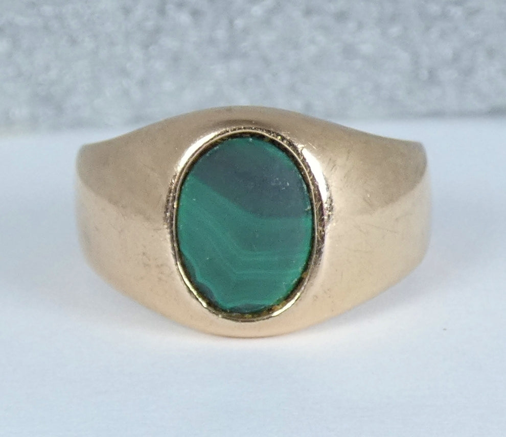 Vintage Solid 18ct Yellow Gold Malachite Signet Solitaire Dress Ring 8.5 Q 58