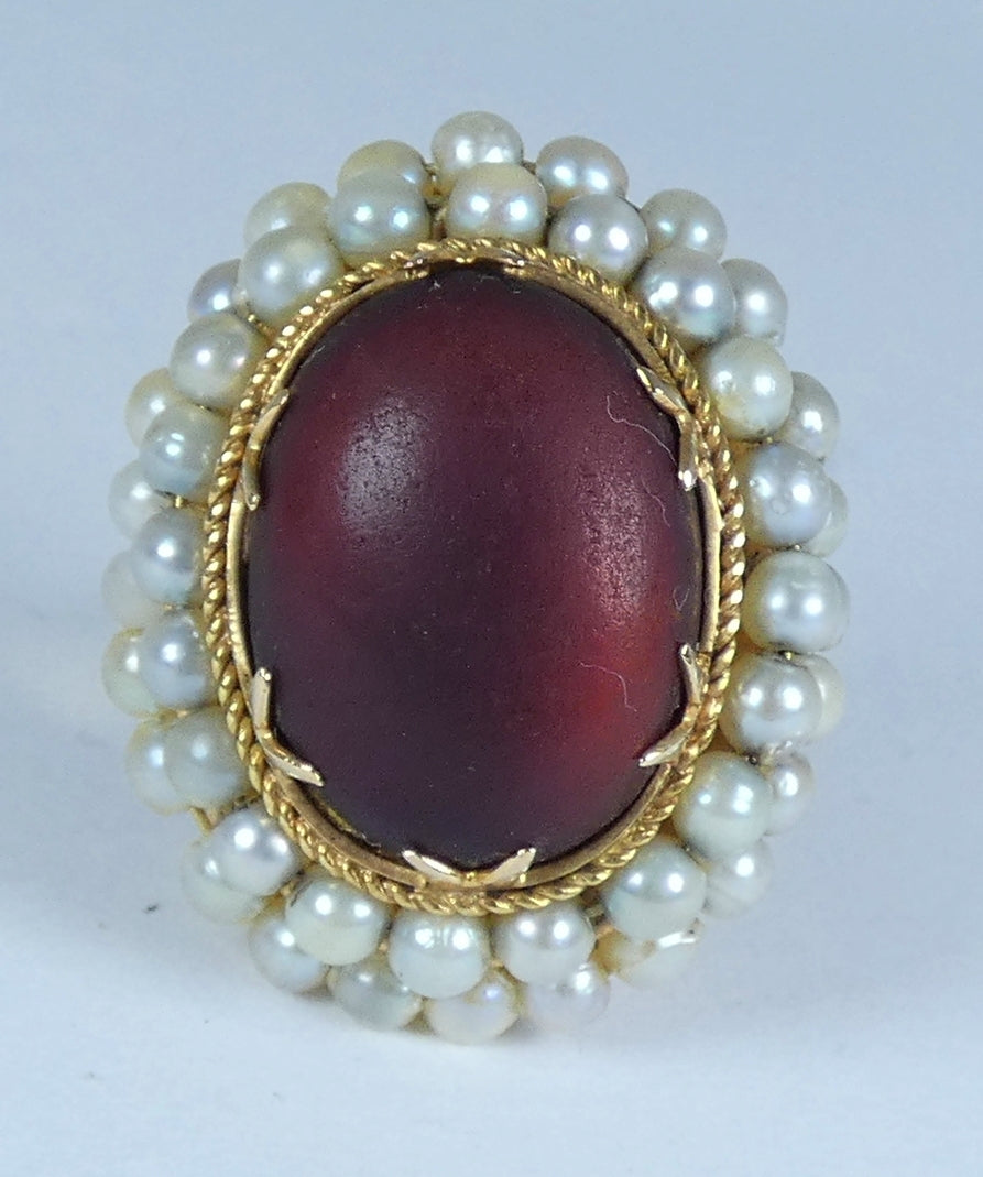 Antique Vintage Solid 18ct Yellow Gold Amber & Pearl Cocktail Dress Ring 7 N 54