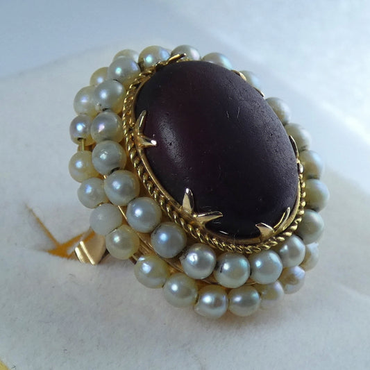 Antique Vintage Solid 18ct Yellow Gold Amber & Pearl Cocktail Dress Ring 7 N 54