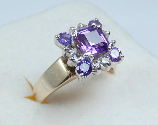 Vintage Solid 9ct Yellow Gold Purple Sapphire Spinel Cluster Dress Ring 7.5 O 55