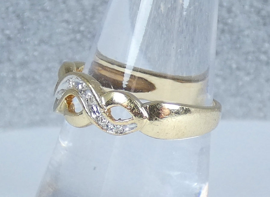 Solid 9ct Yellow Gold & Diamond Twist Swirl Crossover Dress Ring Size 8 P 56