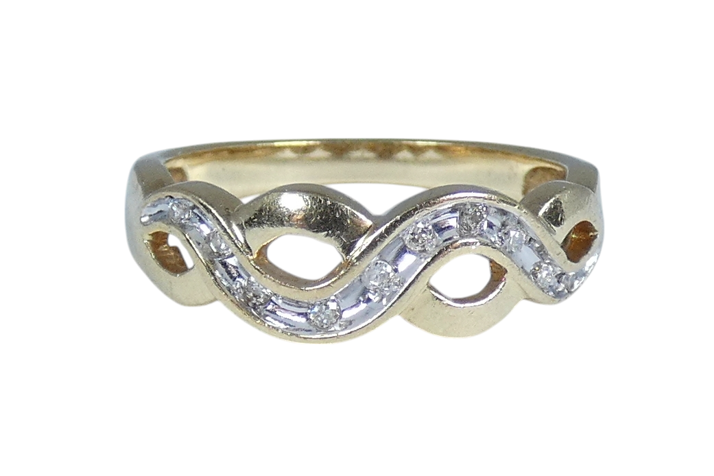 Solid 9ct Yellow Gold & Diamond Twist Swirl Crossover Dress Ring Size 8 P 56