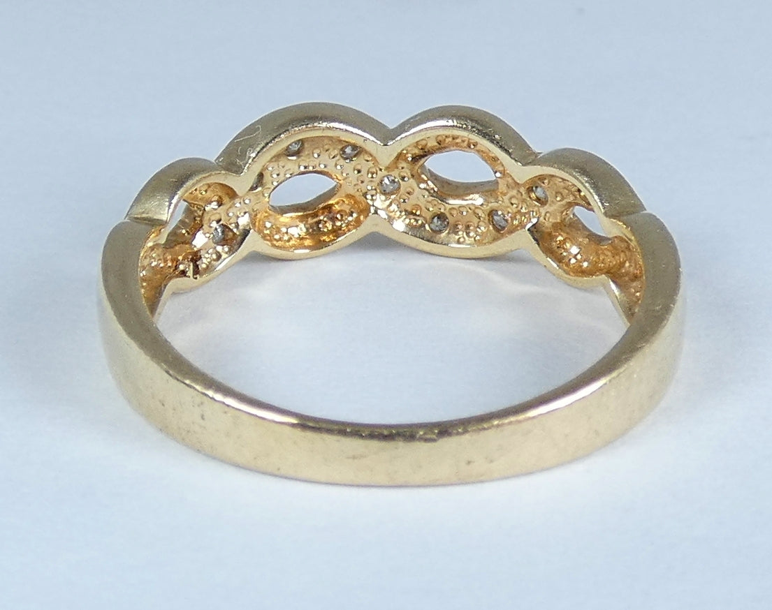 Solid 9ct Yellow Gold & Diamond Twist Swirl Crossover Dress Ring Size 8 P 56