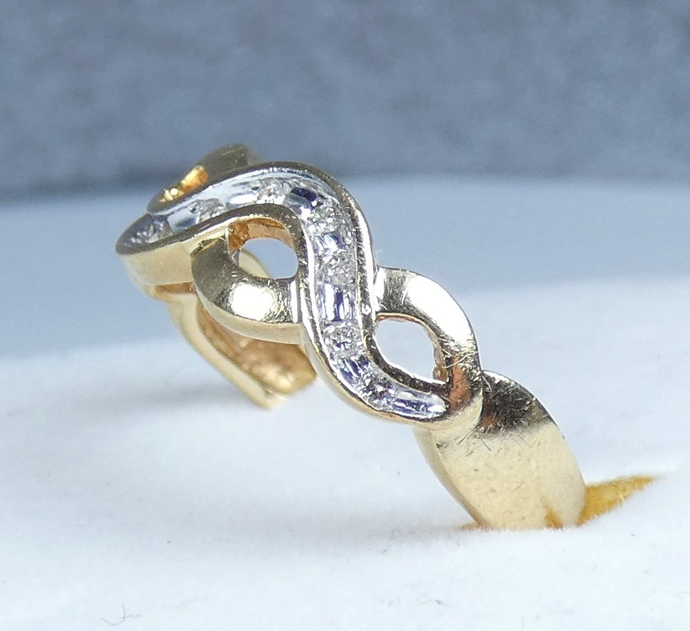 Solid 9ct Yellow Gold & Diamond Twist Swirl Crossover Dress Ring Size 8 P 56