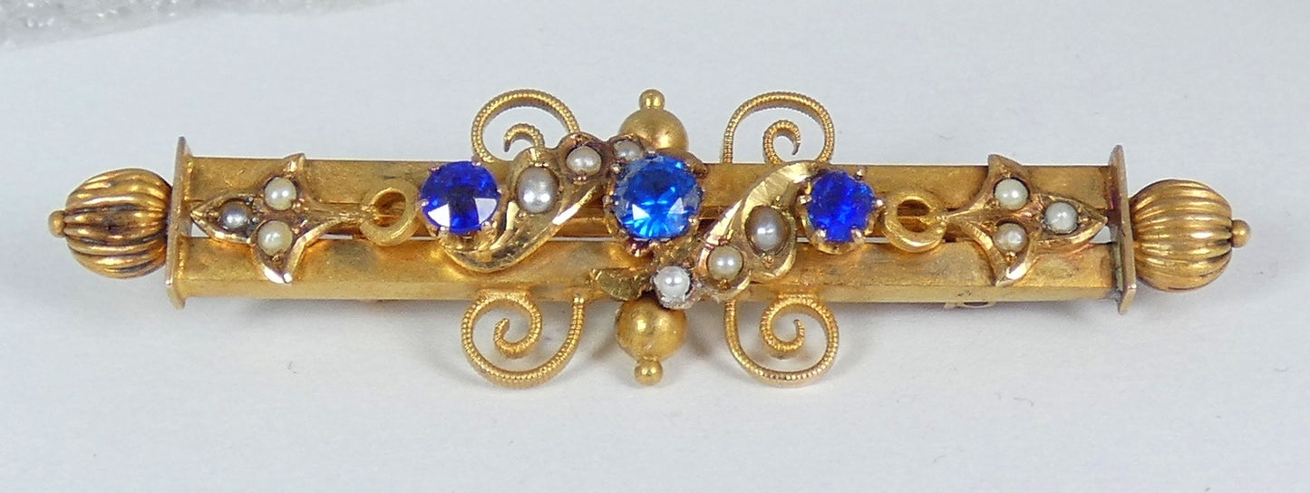 Antique Edwardian 1900 Solid 15ct Yellow Gold Blue Stone & Seed Pearl Bar Brooch