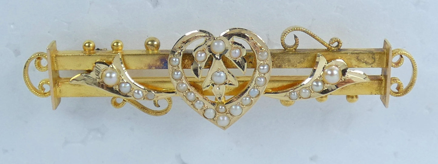Antique Edwardian 1900 Aronson Solid 15ct Yellow Gold Seed Pearl Bar Brooch