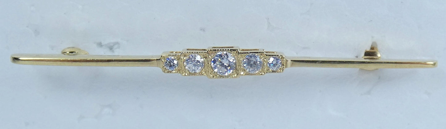 Vintage 1986 English Solid 9ct Yellow Gold Art Deco Style Empire Bar Brooch Pin