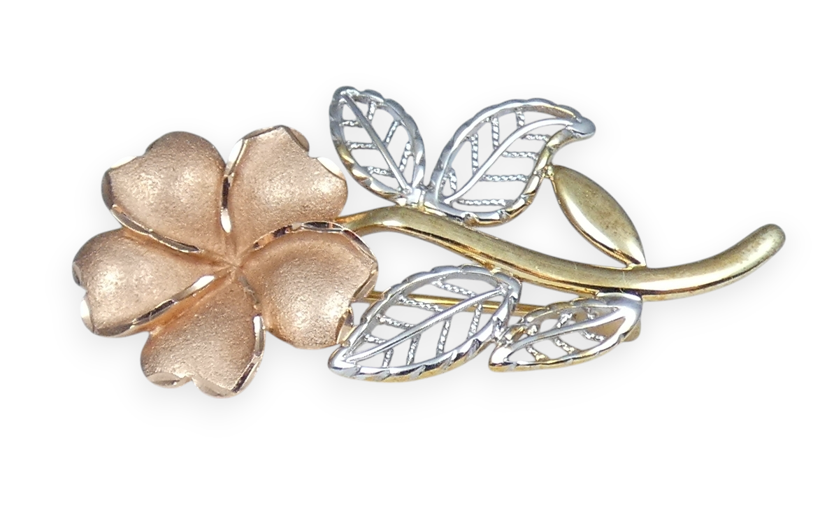 Vintage Solid 9ct Yellow Rose & White Gold Flower Leaf Bar Brooch Pin Tri-Colour