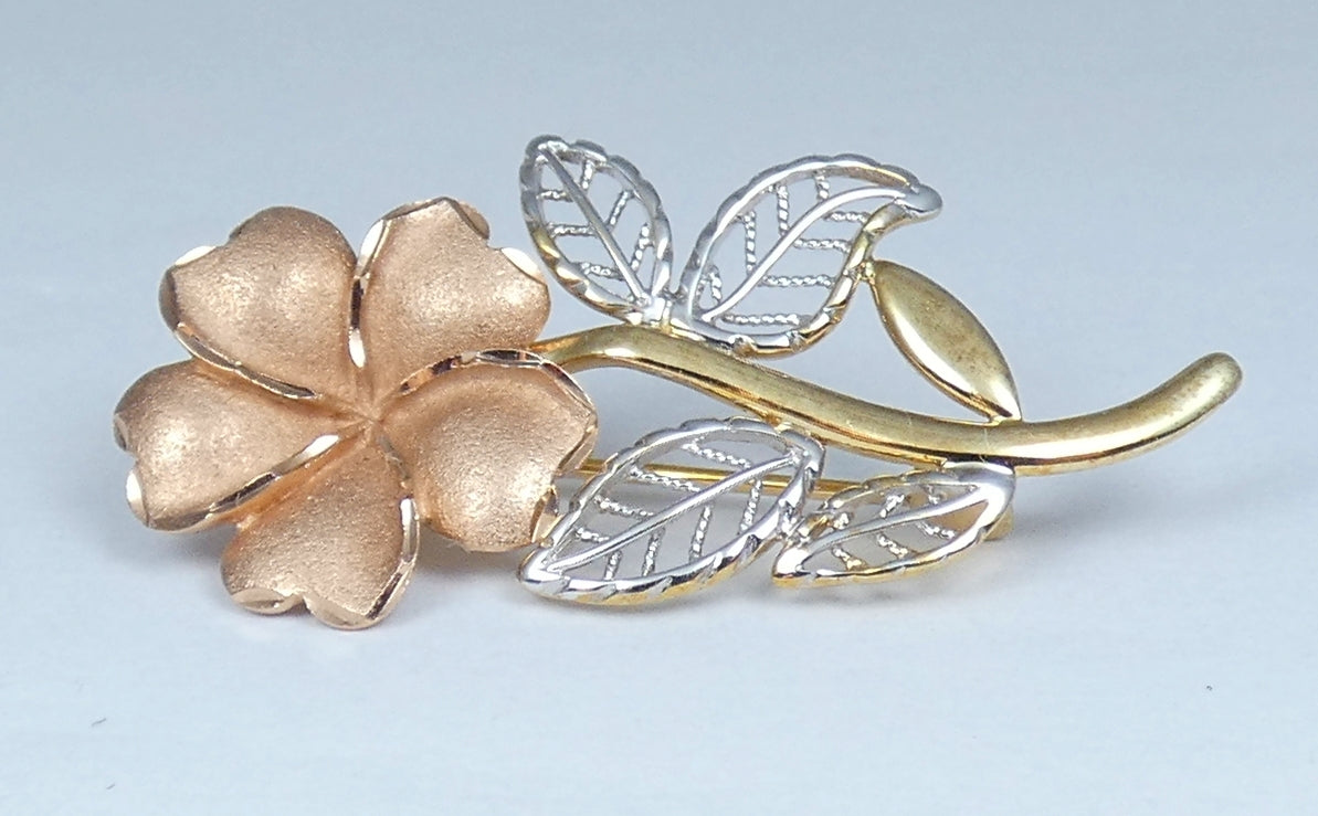 Vintage Solid 9ct Yellow Rose & White Gold Flower Leaf Bar Brooch Pin Tri-Colour