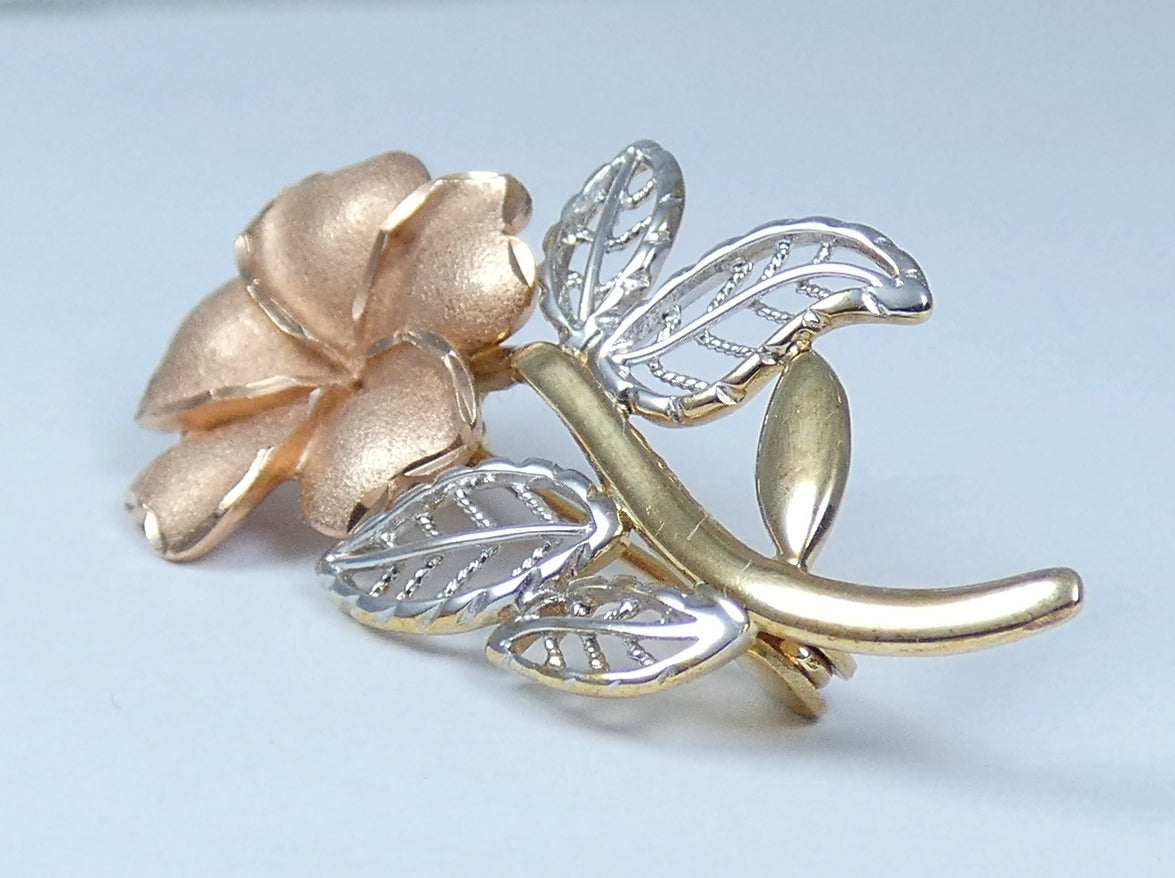 Vintage Solid 9ct Yellow Rose & White Gold Flower Leaf Bar Brooch Pin Tri-Colour