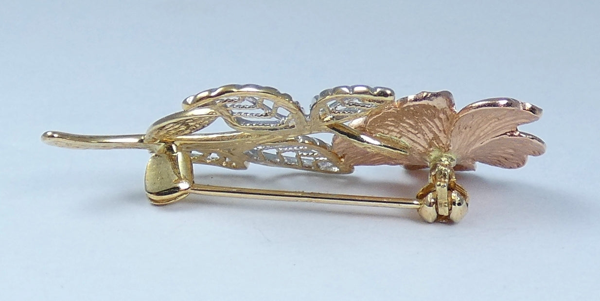 Vintage Solid 9ct Yellow Rose & White Gold Flower Leaf Bar Brooch Pin Tri-Colour